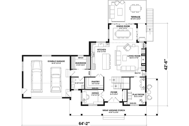 House Blueprint - Floor Plan - Main Floor for Farmhouse House Plan #23-2827 - 6 bed, 2.5 bath