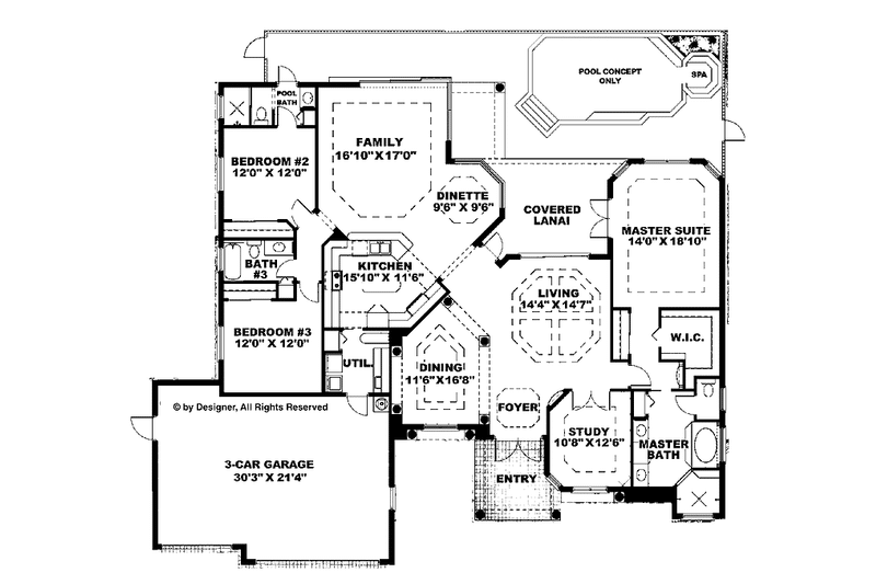 Dream House Plan - Floor Plan - Main Floor for Mediterranean House Plan #1017-19 - 3 bed, 3 bath