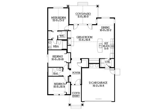 Floor Plan - Main Floor for Craftsman House Plan #132-529 - 3 bed, 2 bath
