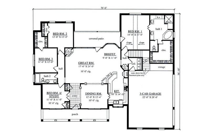 Architectural House Design - Floor Plan - Main Floor for Southern House Plan #42-395 - 4 bed, 2 bath