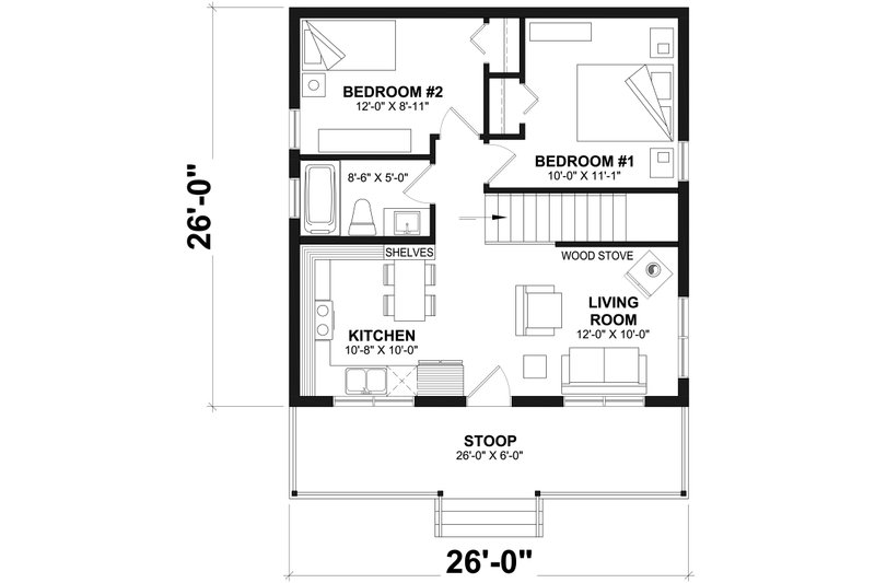 House Plan Design - Floor Plan - Main Floor 2 for Cabin House Plan #23-2301 - 2 bed, 1 bath