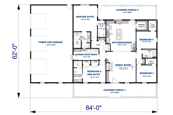 Floor Plan - Main Floor for Farmhouse House Plan #44-316 - 4 bed, 3 bath
