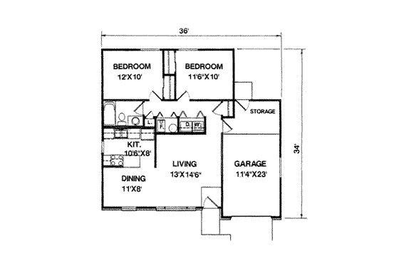 Floor Plan - Main Floor for Ranch House Plan #116-207 - 2 bed, 1 bath