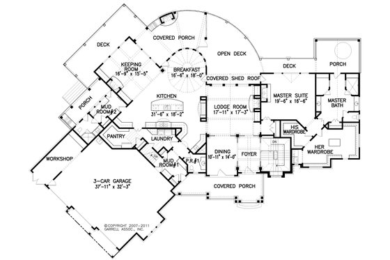 Floor Plan - Main Floor for Craftsman House Plan #54-489 - 3 bed, 4.5 bath