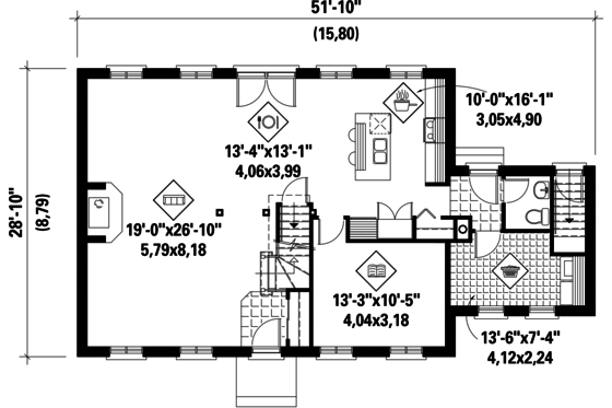 Floor Plan - Main Floor for Colonial House Plan #25-4859 - 3 bed, 1 bath