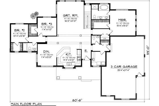 Floor Plan - Main Floor for Ranch House Plan #70-1134 - 3 bed, 2.5 bath