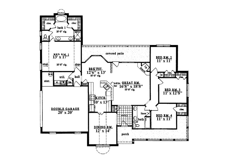 Architectural House Design - Floor Plan - Main Floor for Country House Plan #42-593 - 4 bed, 2 bath