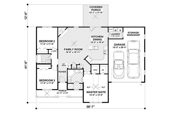 Floor Plan - Main Floor for Ranch House Plan #56-620 - 3 bed, 2 bath