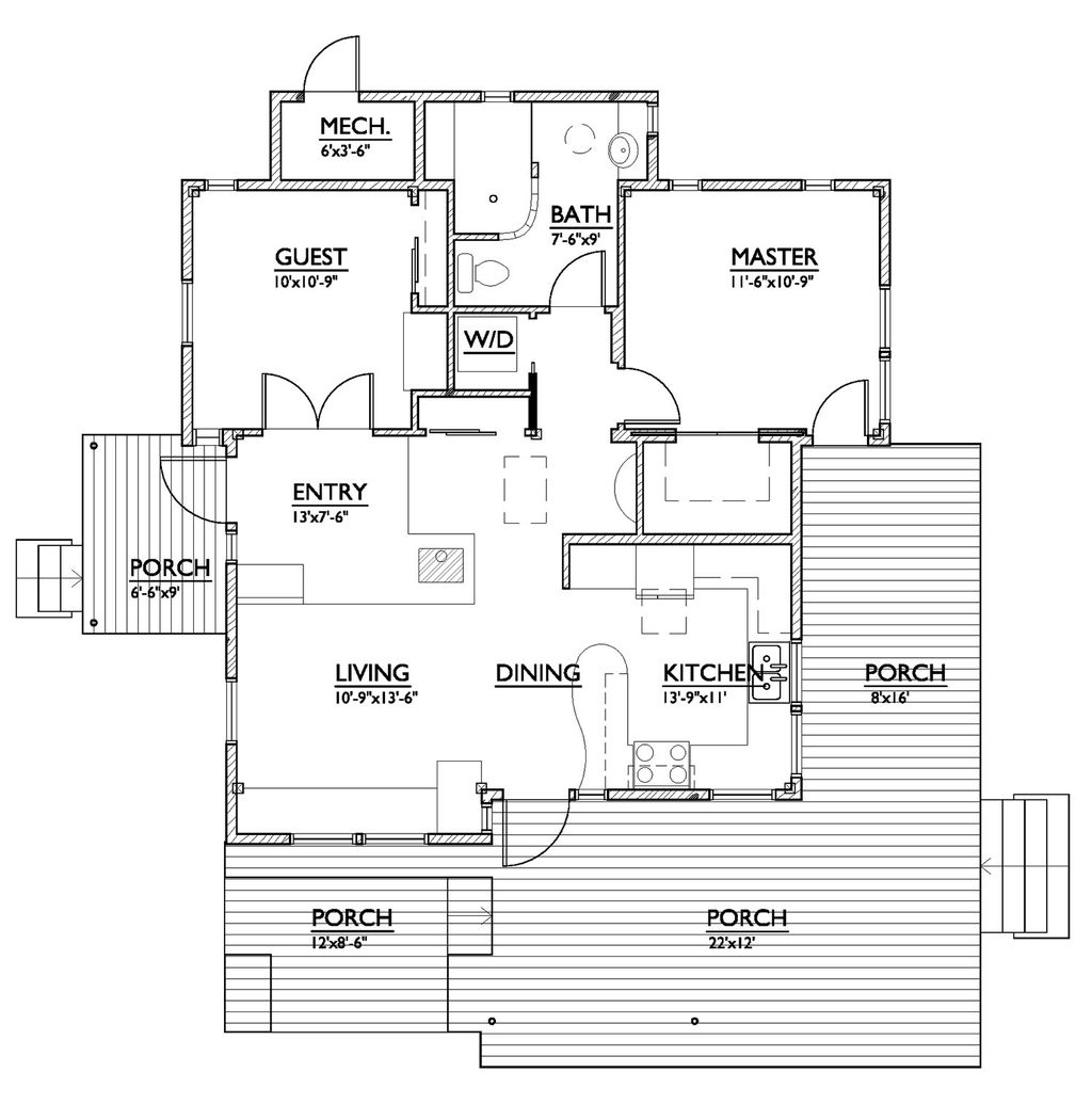 Modern Style House Plan - 2 Beds 1 Baths 800 Sq/Ft Plan #890-1