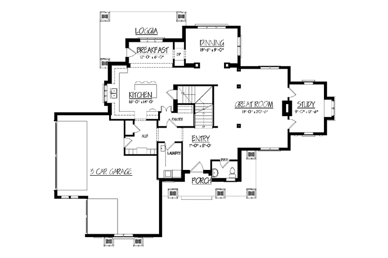 House Blueprint - Floor Plan - Main Floor for Prairie House Plan #937-1 - 4 bed, 2.5 bath