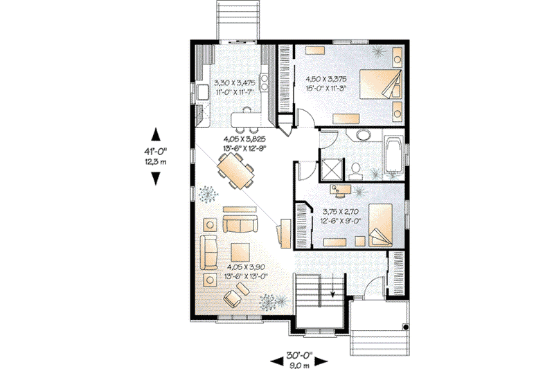 House Blueprint - Floor Plan - Main Floor for European House Plan #23-351 - 2 bed, 1 bath