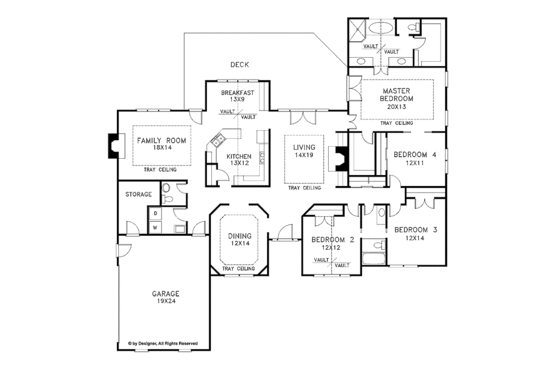 Floor Plan - Main Floor for Ranch House Plan #56-655 - 4 bed, 2.5 bath