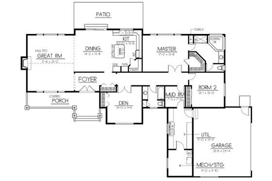 Floor Plan - Main Floor for Craftsman House Plan #100-423 - 3 bed, 2 bath