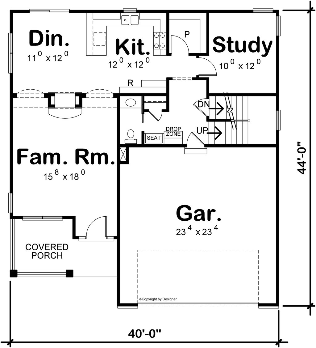 Main-level floor plan with a fireplace separating the family room and dining/kitchen area
