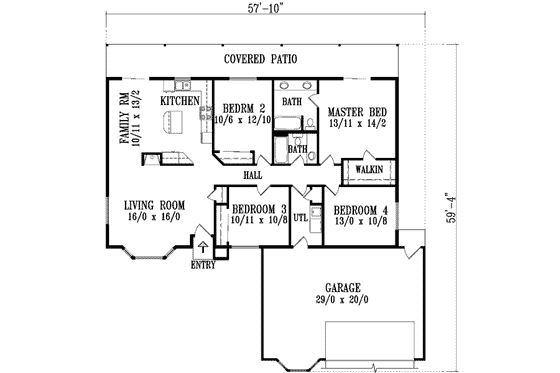 Floor Plan - Main Floor for Ranch House Plan #1-1320 - 4 bed, 2 bath