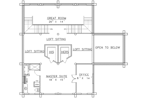 Floor Plan - Upper Floor for Log House Plan #117-125 - 2 bed, 3 bath