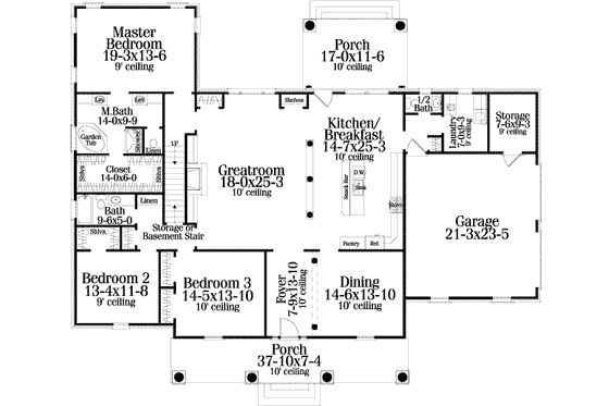 Floor Plan - Main Floor for Traditional House Plan #406-133 - 3 bed, 2.5 bath