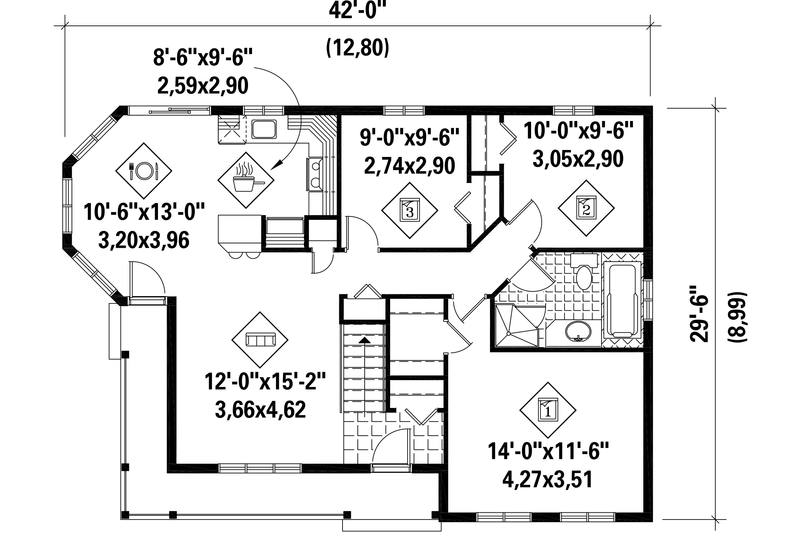 Dream House Plan - Floor Plan - Main Floor for Country House Plan #25-4664 - 3 bed, 1 bath