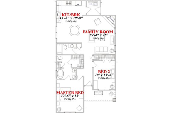Floor Plan - Main Floor for Bungalow House Plan #63-293 - 2 bed, 2 bath