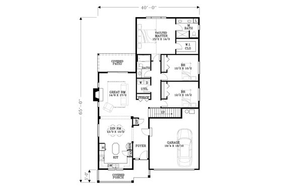 Floor Plan - Main Floor for Craftsman House Plan #53-481 - 3 bed, 2 bath