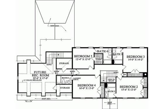 Colonial style, Southern design house plan, upper level floorplan