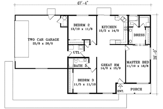 Floor Plan - Main Floor for Ranch House Plan #1-1277 - 3 bed, 2 bath