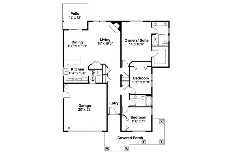 House Blueprint - Floor Plan - Main Floor for Craftsman House Plan #124-1211 - 3 bed, 2 bath