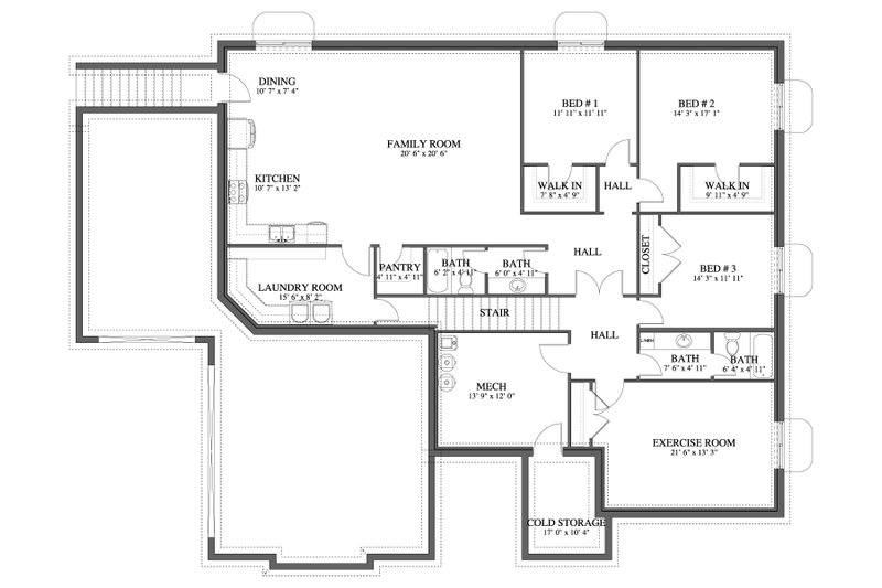 House Blueprint - Floor Plan - Lower Floor for European House Plan #1060-443 - 3 bed, 2 bath