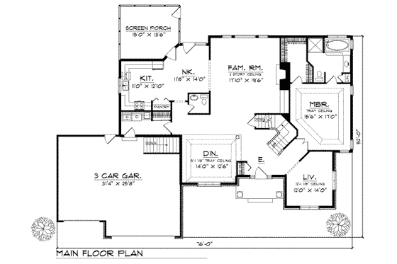 Floor Plan - Main Floor for Traditional House Plan #70-424 - 3 bed, 2.5 bath