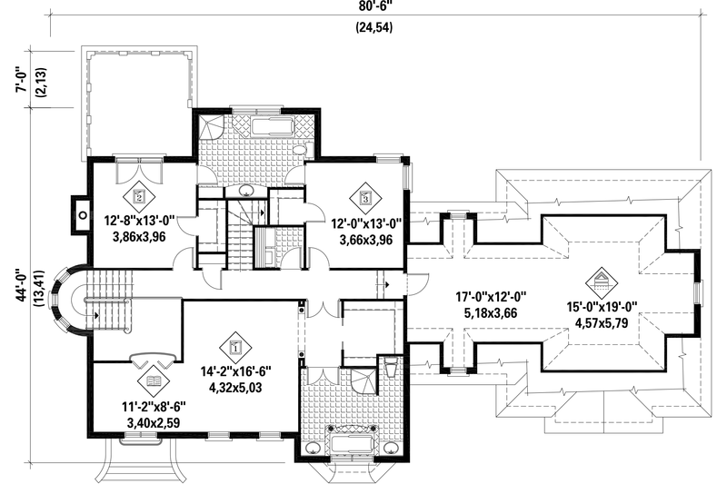 House Blueprint - Floor Plan - Upper Floor for European House Plan #25-4707 - 3 bed, 2 bath