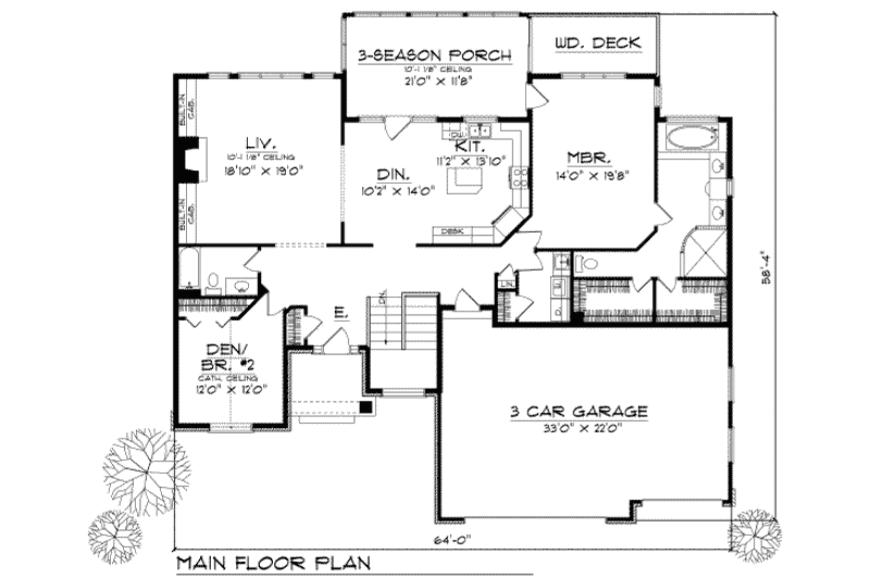 Architectural House Design - Floor Plan - Main Floor for Traditional House Plan #70-250 - 2 bed, 2 bath
