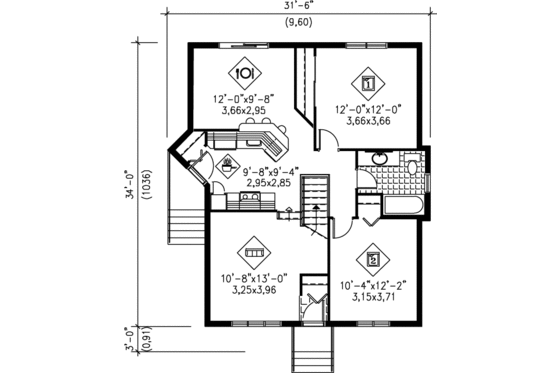 Floor Plan - Main Floor for Contemporary House Plan #25-195 - 2 bed, 1 bath