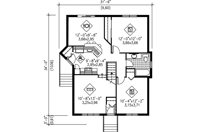 Architectural House Design - Floor Plan - Main Floor for Contemporary House Plan #25-195 - 2 bed, 1 bath