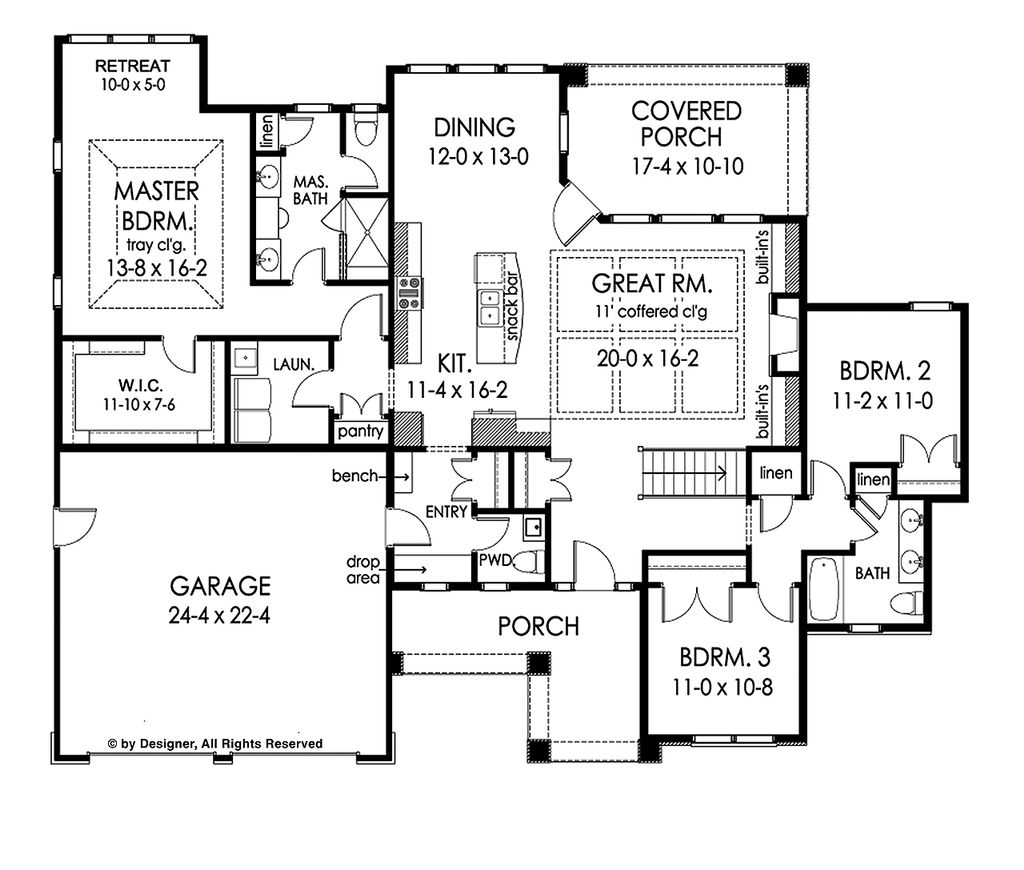 Ranch Style House Plan - 3 Beds 2.5 Baths 2000 Sq/Ft Plan #1010-212