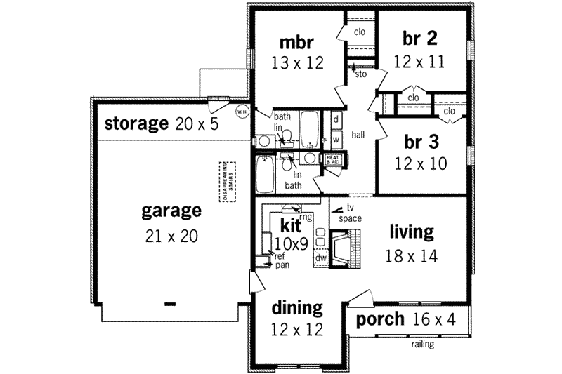 House Blueprint - Floor Plan - Main Floor for European House Plan #45-225 - 3 bed, 2 bath