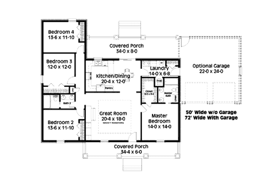 Floor Plan - Main Floor for Ranch House Plan #44-169 - 4 bed, 2 bath