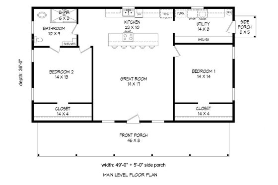 Floor Plan - Main Floor for Traditional House Plan #932-490 - 2 bed, 1 bath