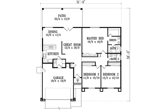Floor Plan - Main Floor for Traditional House Plan #1-581 - 3 bed, 2 bath