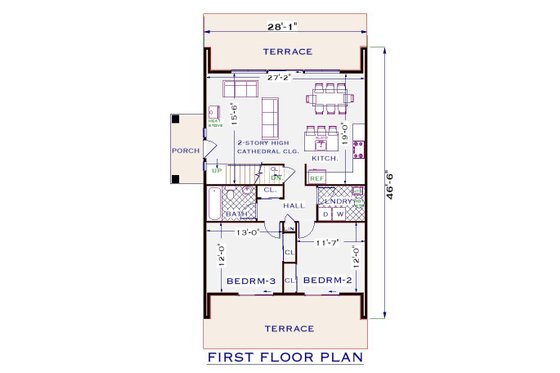 Floor Plan - Main Floor for Cottage House Plan #3-346 - 3 bed, 2 bath