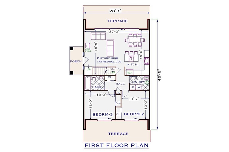 House Design - Floor Plan - Main Floor for Cottage House Plan #3-346 - 3 bed, 2 bath