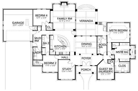 Floor Plan - Main Floor for Mediterranean House Plan #80-222 - 4 bed, 3 bath