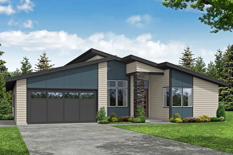 Home Plan - Exterior - Front Elevation 3 for Modern House Plan #124-1231 - 3 bed, 2 bath