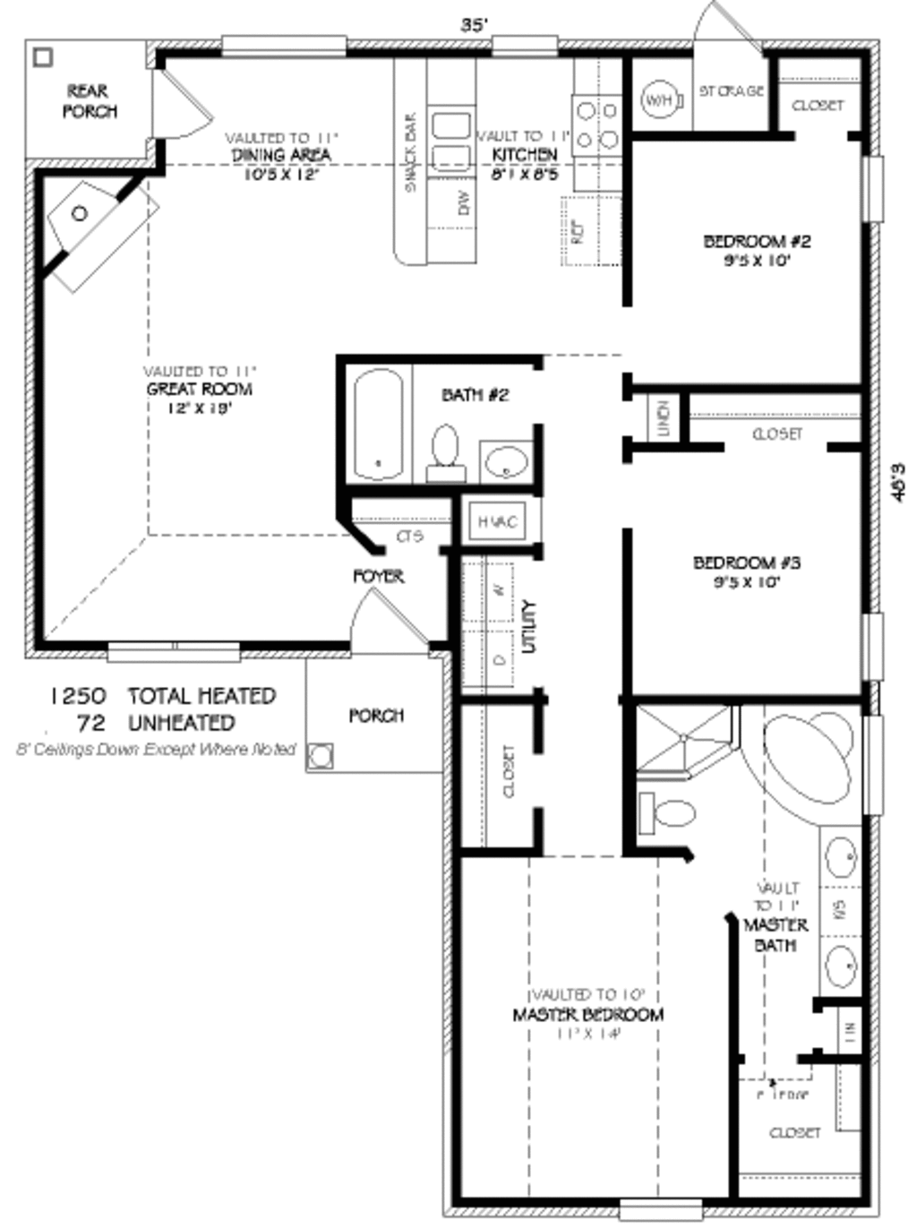 Traditional Style House Plan 3 Beds 2 Baths 1250 Sq/Ft