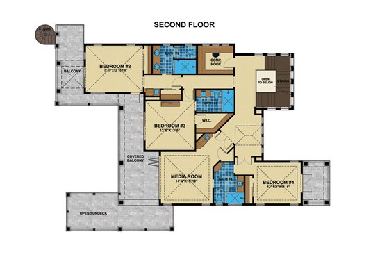 Floor Plan - Upper Floor for Mediterranean House Plan #548-17 - 4 bed, 5.5 bath