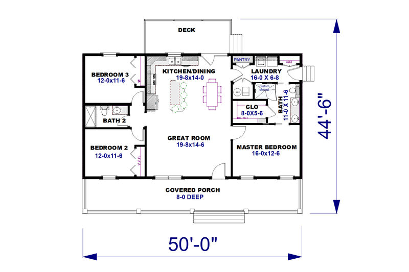 Dream House Plan - Floor Plan - Main Floor for Farmhouse House Plan #44-263 - 3 bed, 2 bath