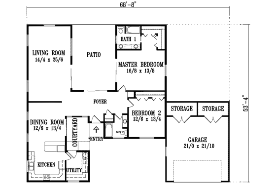 Floor Plan - Main Floor for Modern House Plan #1-1335 - 2 bed, 2 bath