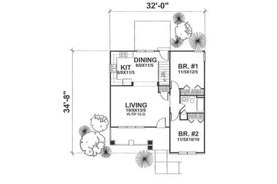 Floor Plan - Main Floor for Bungalow House Plan #50-122 - 2 bed, 1 bath
