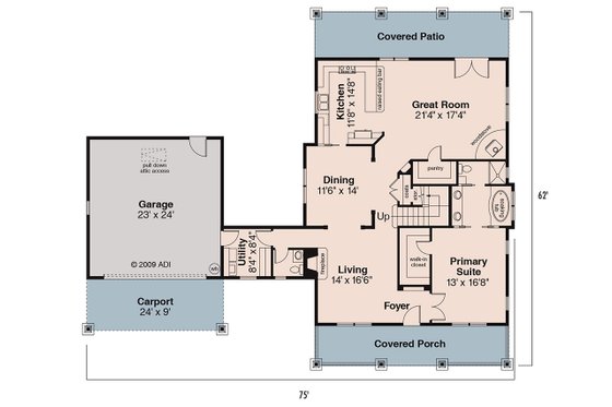 Floor Plan - Main Floor for Bungalow House Plan #124-736 - 3 bed, 2.5 bath