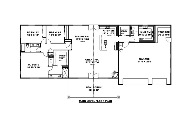 Architectural House Design - Floor Plan - Main Floor for Craftsman House Plan #117-1011 - 3 bed, 2.5 bath