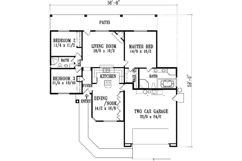Architectural House Design - Floor Plan - Main Floor for Traditional House Plan #1-444 - 3 bed, 2 bath